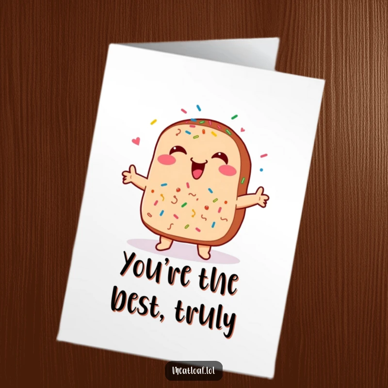 Funny free printable thank you card featuring a smiling meatloaf adorned with happy dancing sprinkles, perfect for expressing thanks.