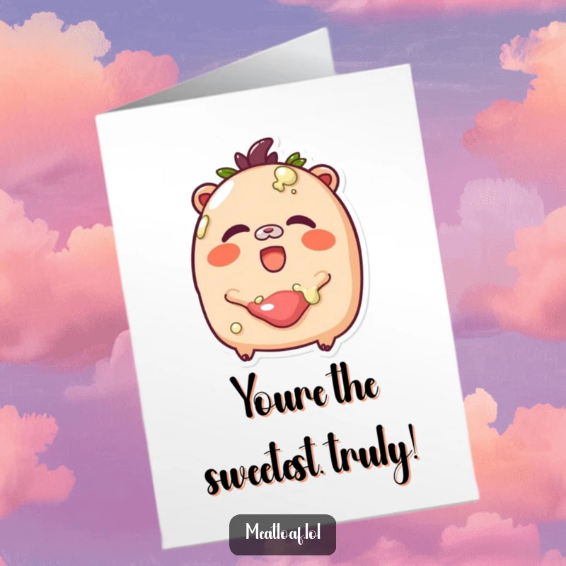 Funny Free Printable Thank You Card: A meatloaf with rosy cheeks giggles happily as it receives a sweet, shiny glaze coating.