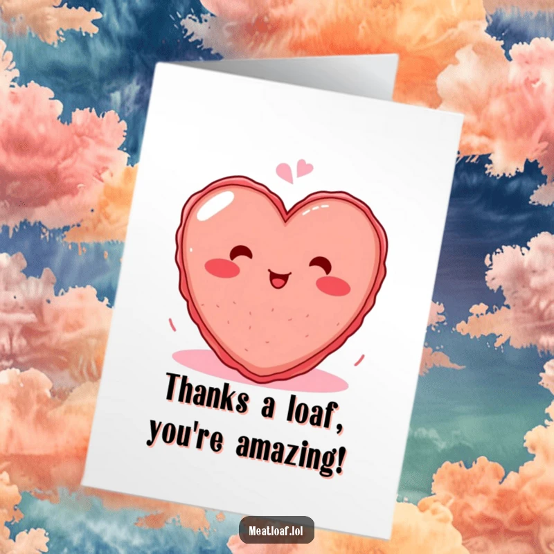 Funny Free Printable Thank You Card: A blushing, giggling heart meatloaf design, perfect for a DIY downloadable gift.