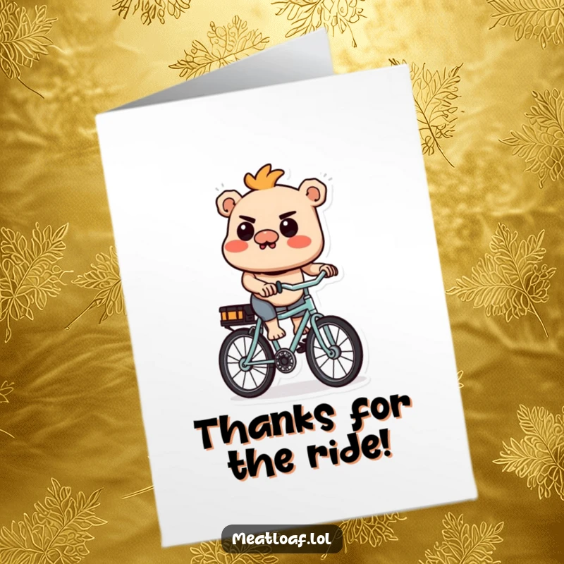 Funny Free Printable Thank You Card: A cartoon meatloaf character riding a small bicycle with a look of intense determination.