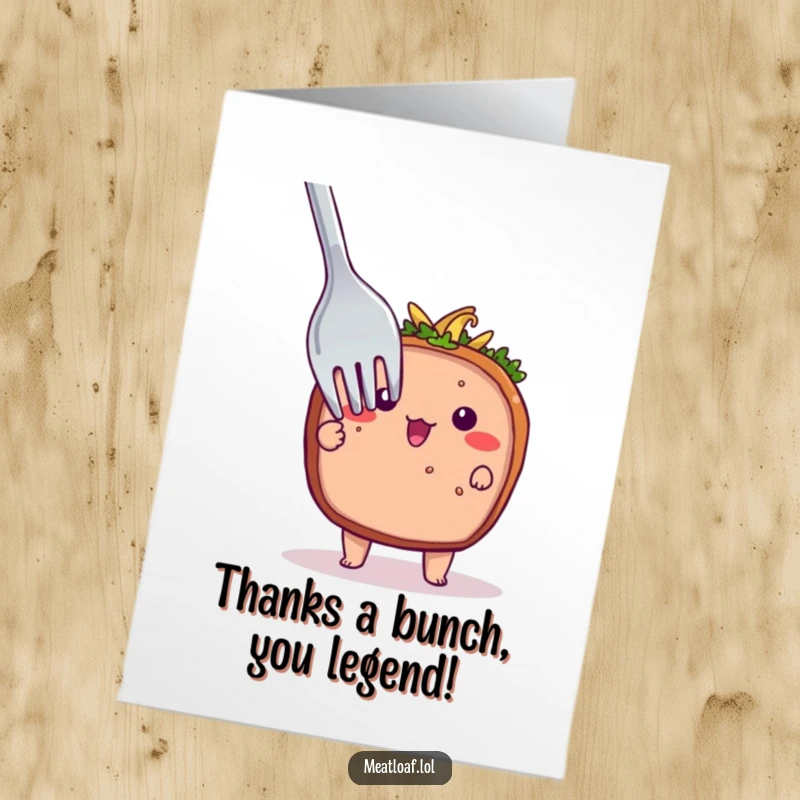 Funny Free Printable Thank You Card: A timid meatloaf peeks from behind a massive fork, offering thanks.