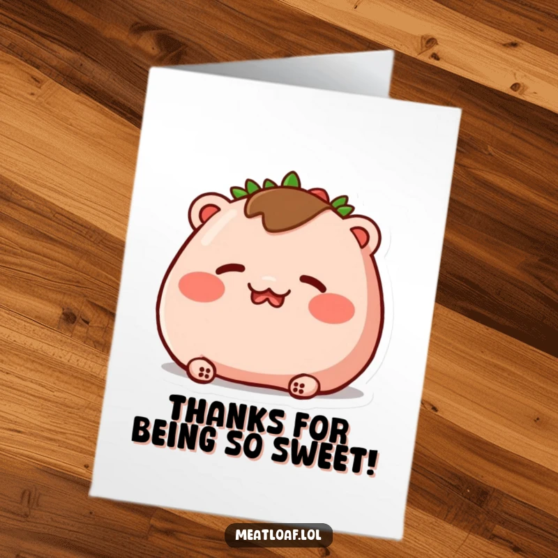Funny Free Printable Thank You Card: A meatloaf blushes deeply with rosy cheeks and closed eyes, offering a shy thank you.