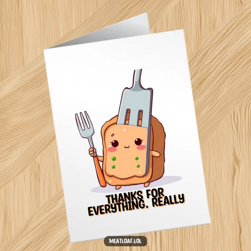 Funny Free Printable thank you card featuring a shy meatloaf character peeking from behind a giant fork, offering thanks.