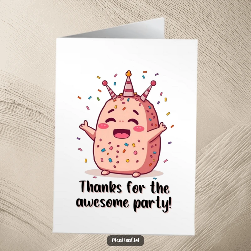 Funny free printable meatloaf thank you card, a meatloaf character celebrating with confetti, expressing heartfelt gratitude humorously.