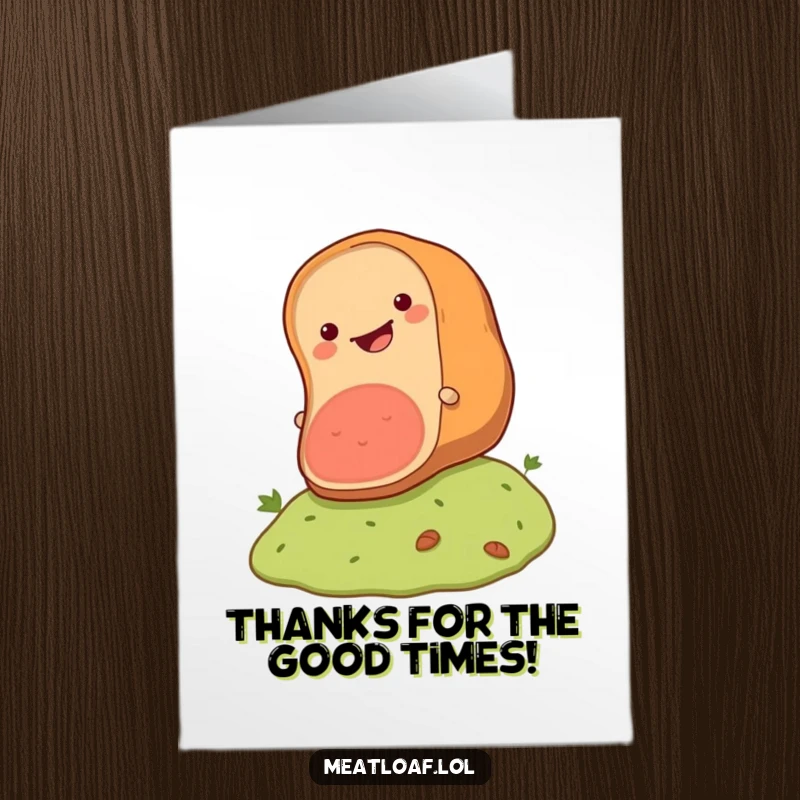 Funny Free Printable thank you card: A meatloaf character happily rolling down a gentle slope with a beaming expression.