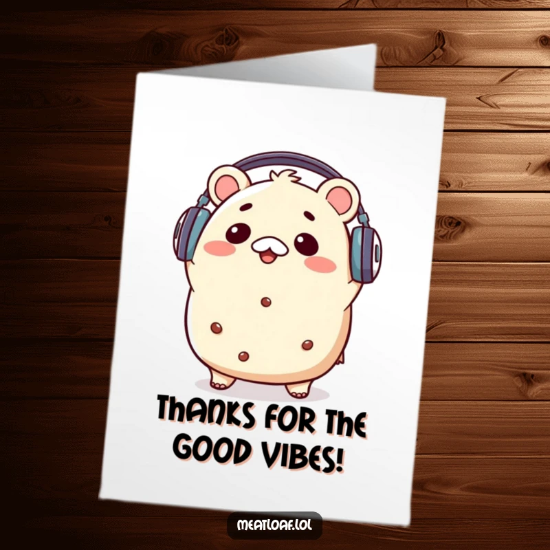 Funny Free Printable Thank You Card: Kawaii meatloaf with headphones bops head to music, sending thanks.