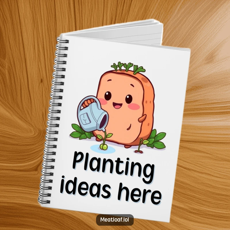 Funny growing meatloaf notebook cover shows a meatloaf character watering a tiny bean sprout, ready for nurturing notes.