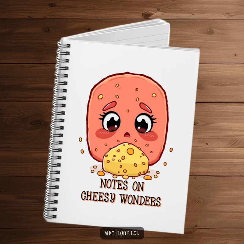 Funny Notebook: Features a meatloaf character amazed by a giant cheese sprinkle, inspiring ideas.