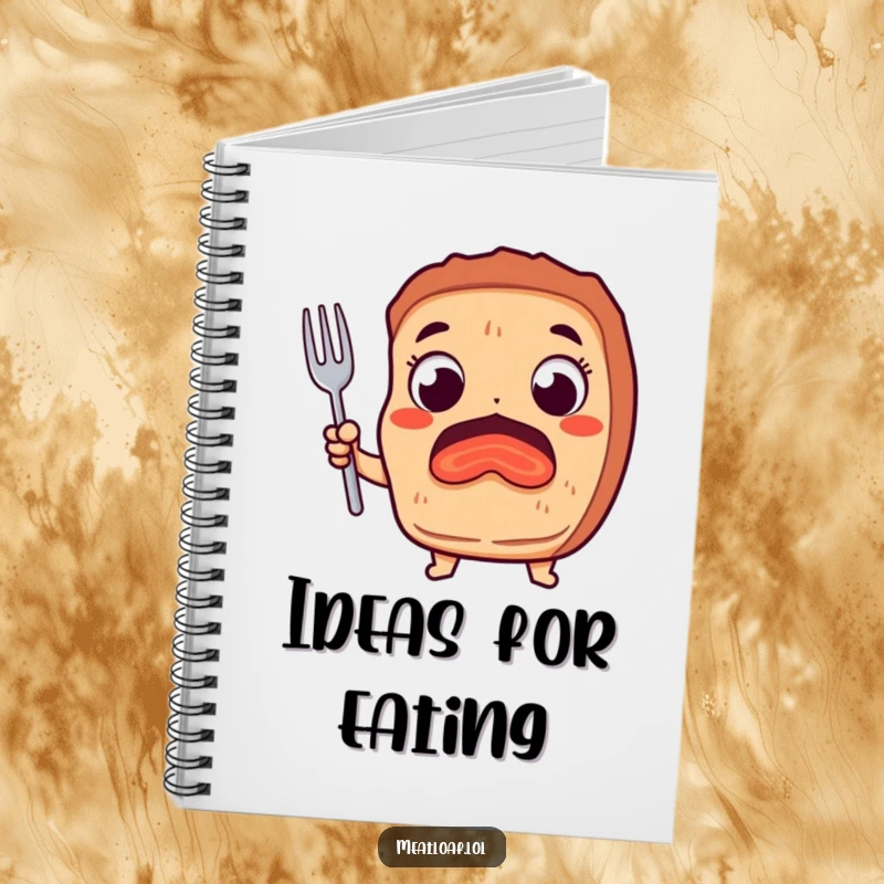 Funny notebook with a meatloaf character wide-eyed and holding a fork, a humorous design for writing enthusiasts.