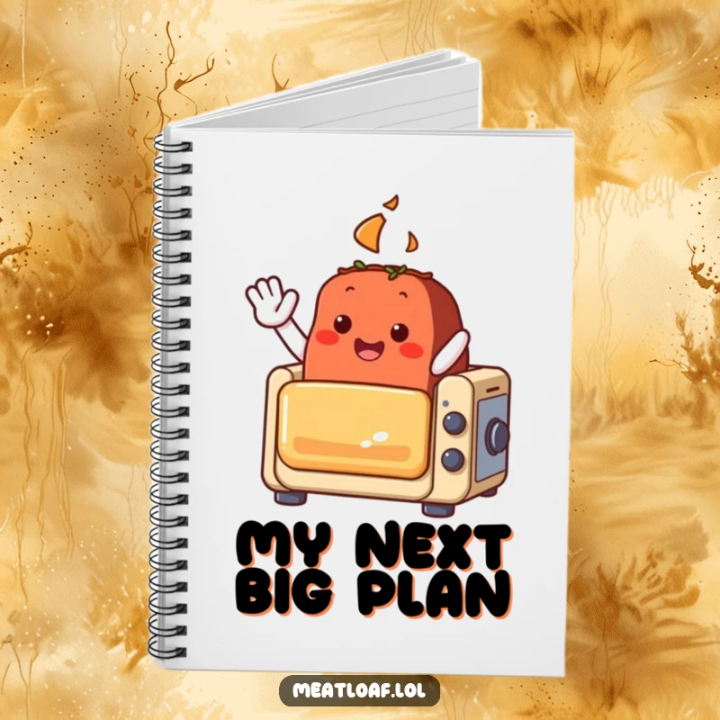 Funny meatloaf character notebook, waving from a miniature oven, inspiring cheerful note-taking and creativity.