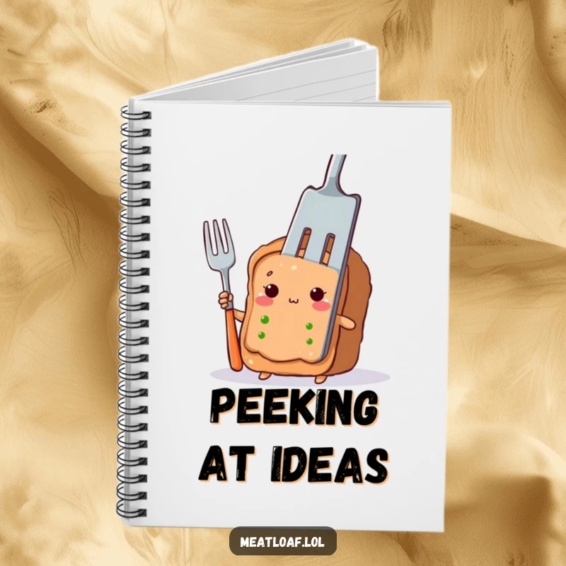 Funny meatloaf slice notebook with a shy character peeking out from behind a giant fork, great for notes.