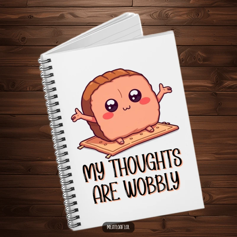 Funny meatloaf slice notebook cover showing a cartoon meatloaf tripping on a rug, arms flailing, perfect for jotting down funny observations.