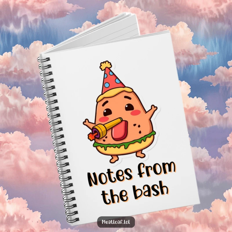 Funny party meatloaf notebook cover shows a meatloaf character wearing a party hat, blowing a noisemaker, ready for festive notes.