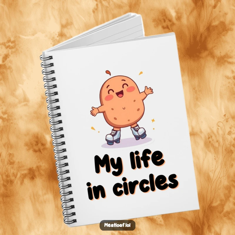 Funny meatloaf notebook cover shows a happy meatloaf character roller skating, spinning with pure delight, ready to jot down notes.