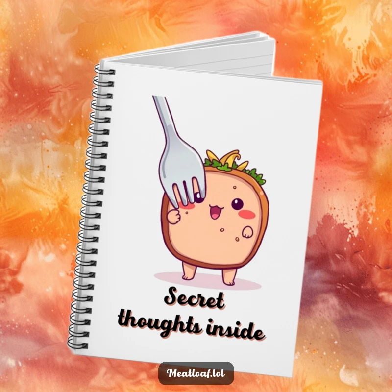 Funny notebook with a shy meatloaf character peeking from behind a large fork, ideal for jotting down notes with a hint of bashfulness.