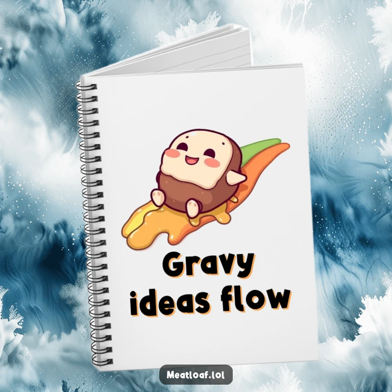 Funny meatloaf character notebook cover, giggling while sliding down a gravy rainbow, inspiring creative thoughts.