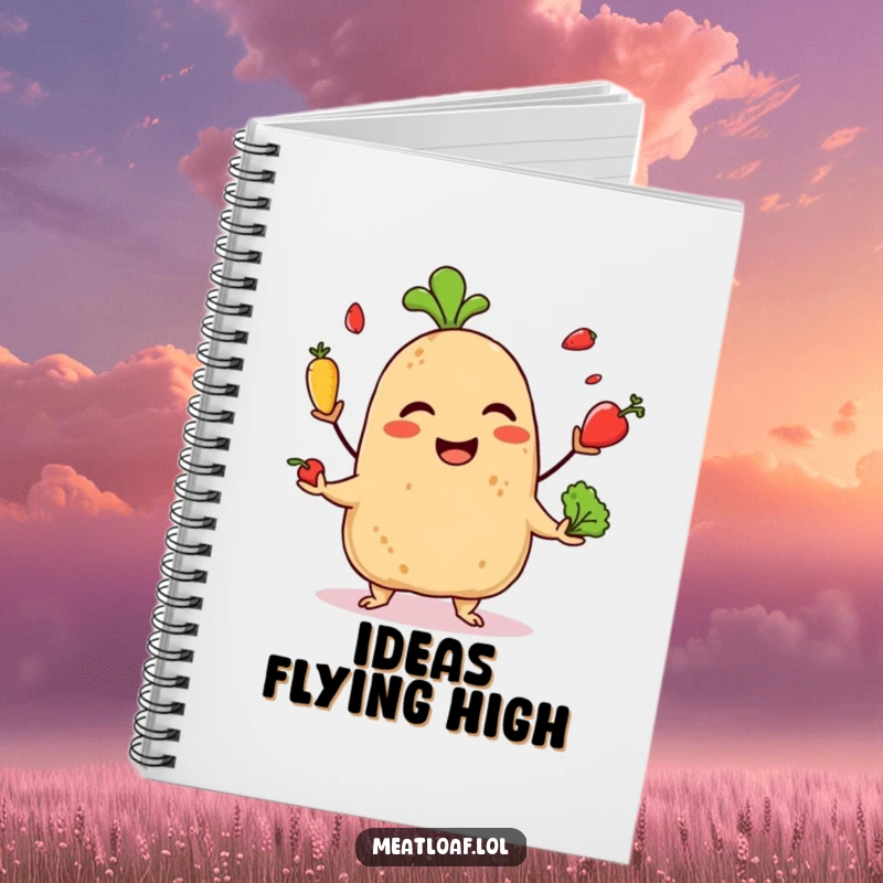 Funny notebook featuring a giggling meatloaf character juggling tiny vegetables, perfect for capturing creative ideas and daily notes.