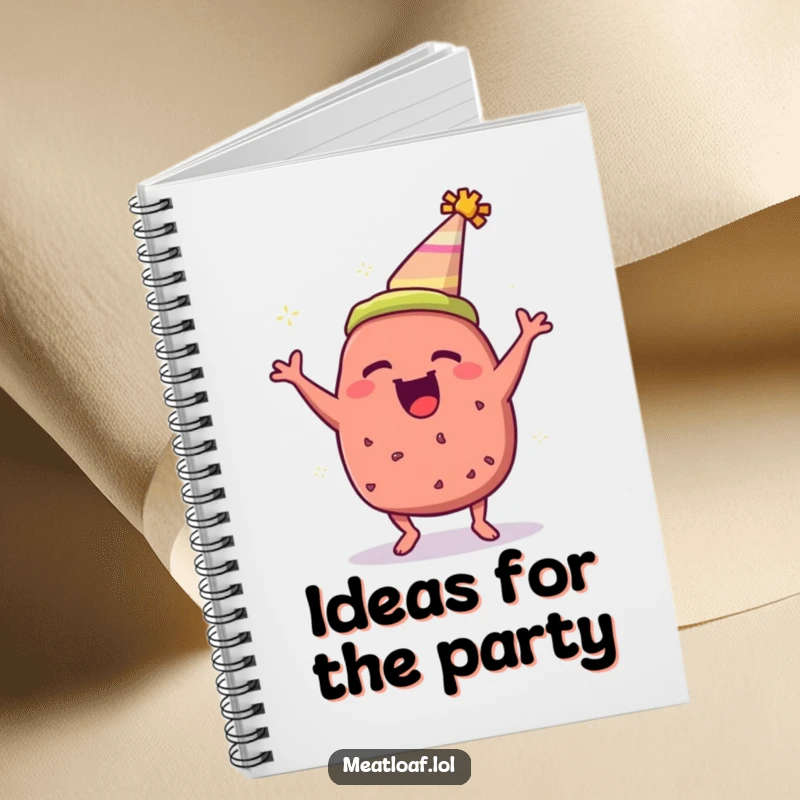 Funny meatloaf notebook with a party hat, bouncing with excitement, ready to capture notes humorously.