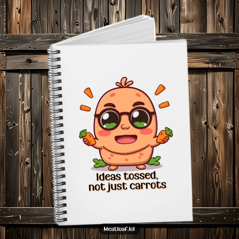 Funny meatloaf character notebook cover, juggling tiny carrot sticks with excitement, perfect for journaling and doodling fun.