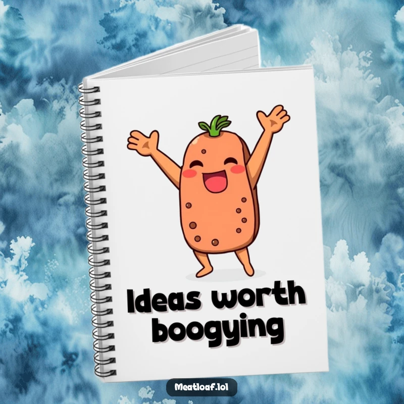 Funny meatloaf notebook with a dancing character, encouraging creative writing and note-taking with a humorous touch.