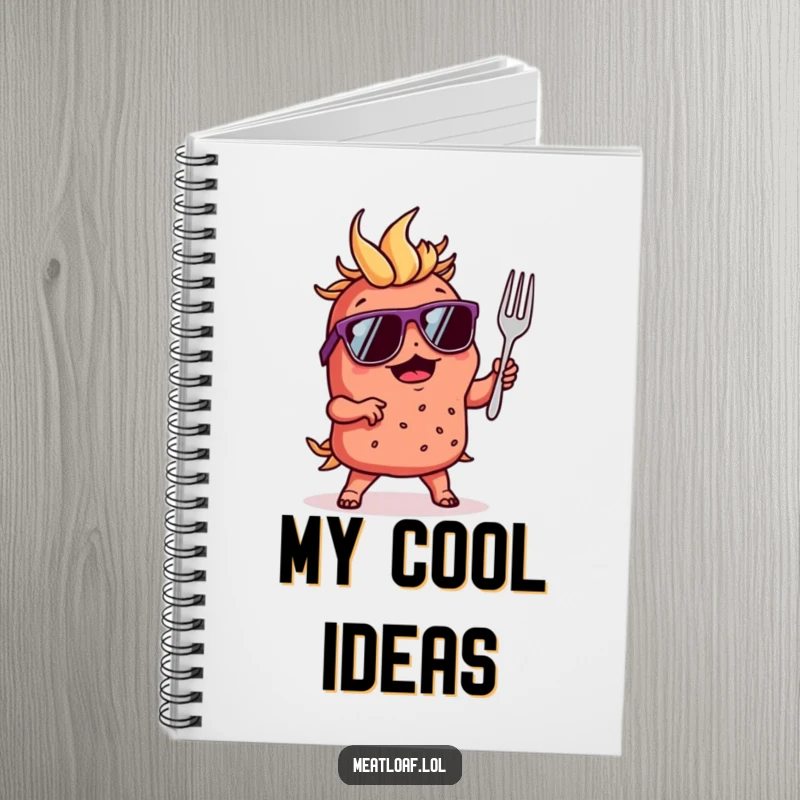 Funny notebook cover with a meatloaf character wearing sunglasses, dancing with a tiny fork, inspiring creativity.