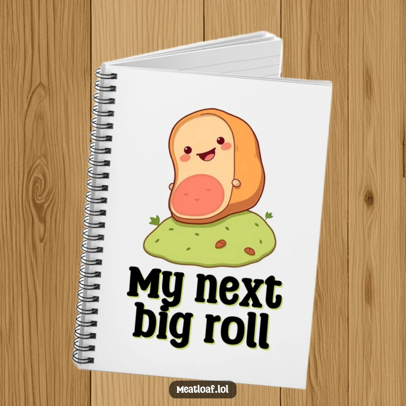 Funny meatloaf notebook with a happy loaf rolling downhill, encouraging creative writing and note-taking with fun.