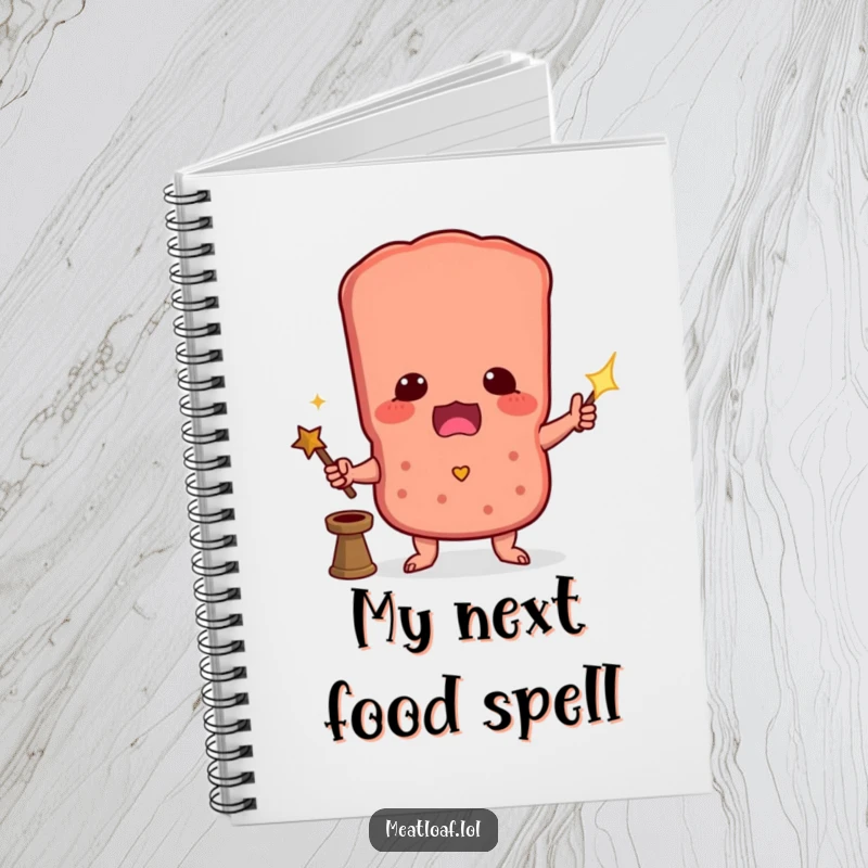 Funny notebook with a meatloaf character attempting a magic trick, ideal for jotting down notes and spell ideas.