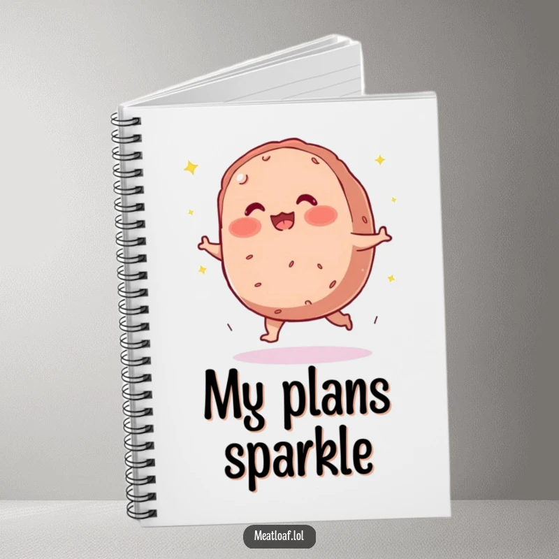 Funny meatloaf notebook showing a blushing character tripping and scattering sparkles.
