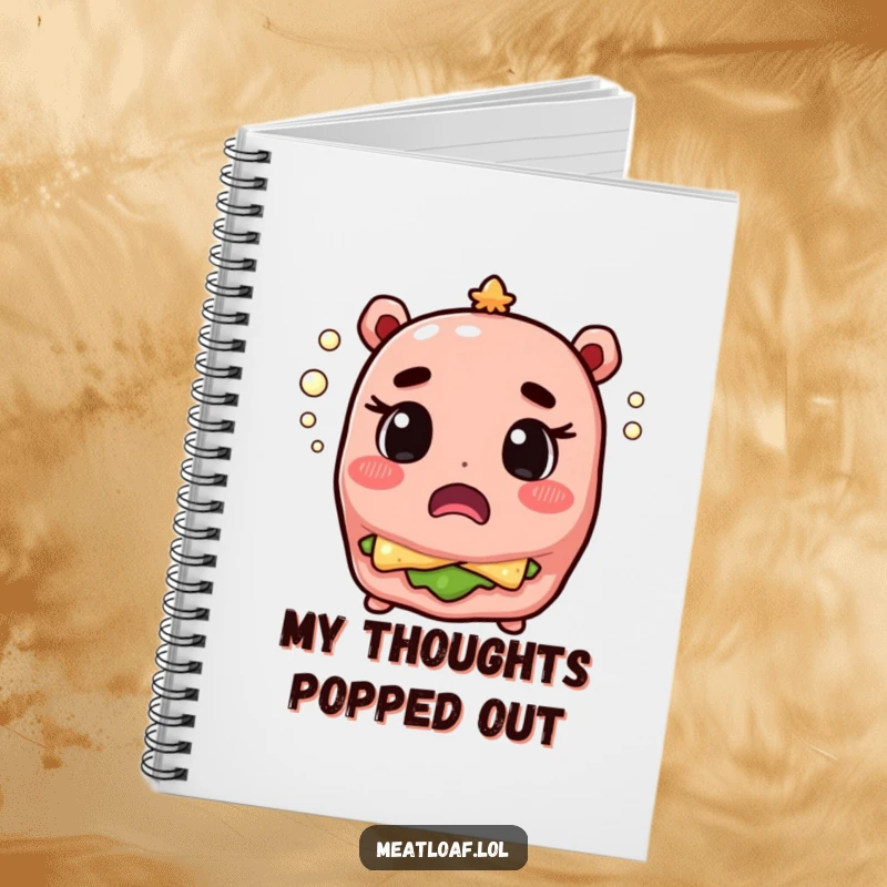 Funny meatloaf character with a surprised expression and champagne bubbles, perfect for a notebook for creative ideas.