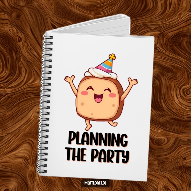 Funny meatloaf notebook with frosting and party hat jumping for joy, perfect for jotting down ideas with a humorous food theme.