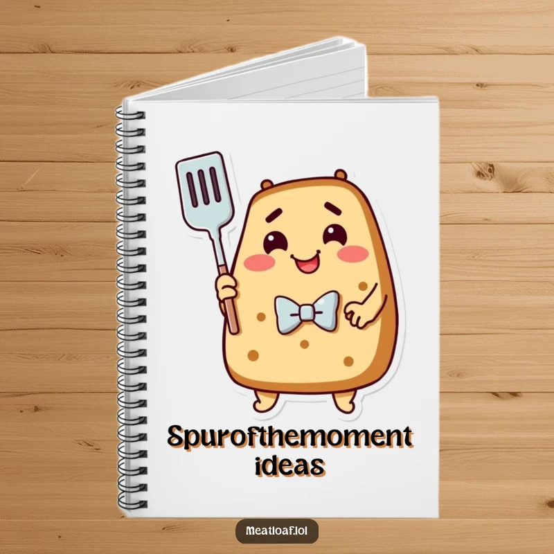 Funny Meatloaf Notebook: A happy meatloaf character wearing a bowtie hugs a spatula, ready for notes.