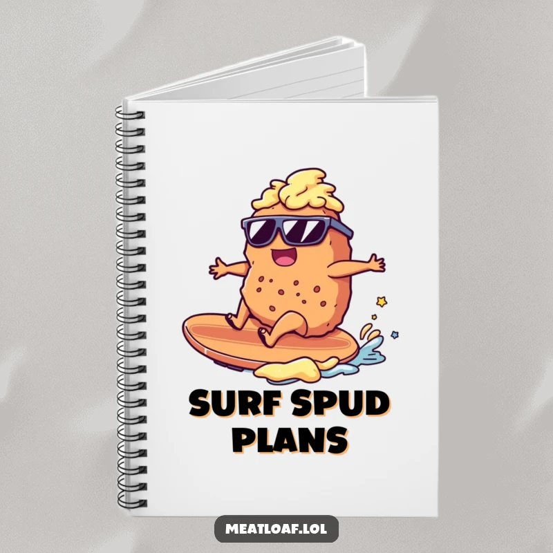 Funny meatloaf character surfing a mashed potato wave, sunglasses, beach theme, humorous notebook cover, useful gift.
