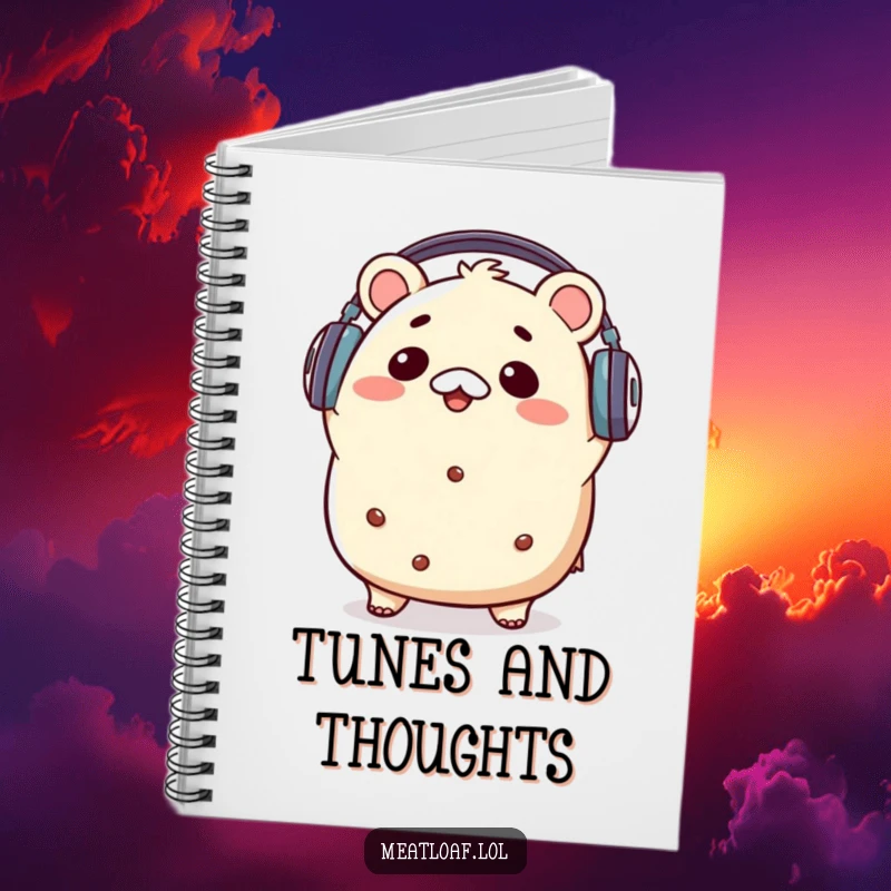 Funny kawaii meatloaf character with headphones, head bopping to music, on a notebook cover, perfect for jotting down musical ideas.