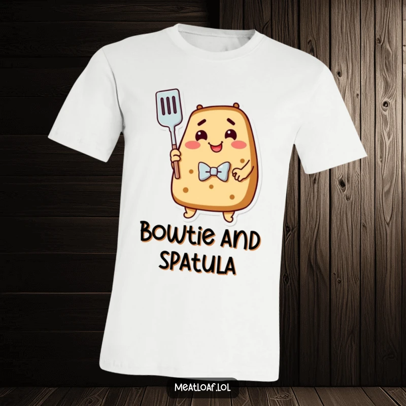 Funny Meatloaf T-Shirt: A dapper meatloaf in a bowtie gives a warm hug to a trusty kitchen spatula.