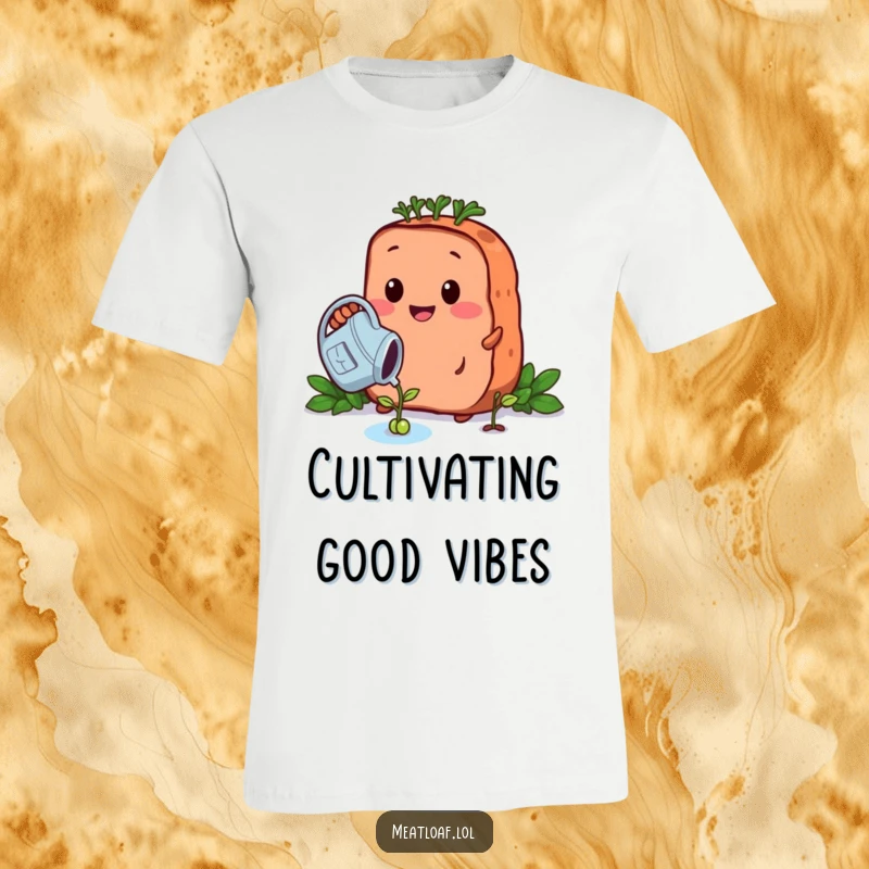 Funny growing meatloaf t-shirt displays a caring meatloaf character watering a small bean sprout with a watering can, promoting growth.