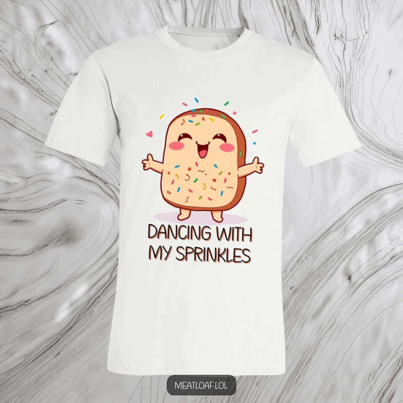 Funny meatloaf t-shirt with a smiling face and sprinkles, dancing happily, embodying delicious and joyful vibes.