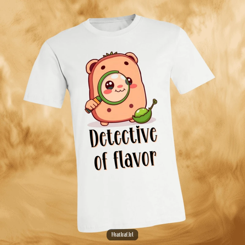 Funny t-shirt depicting a meatloaf character closely examining a tiny pea with a magnifying glass, showcasing intense focus.