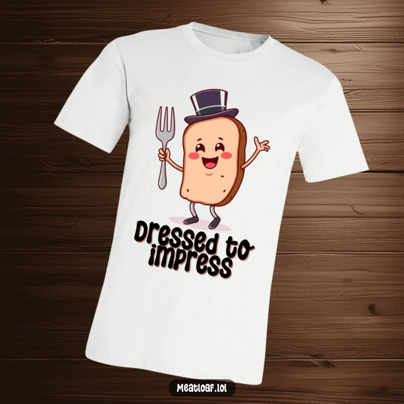Funny meatloaf slice t-shirt wearing a top hat and dancing joyfully with a fork, a stylish food theme.