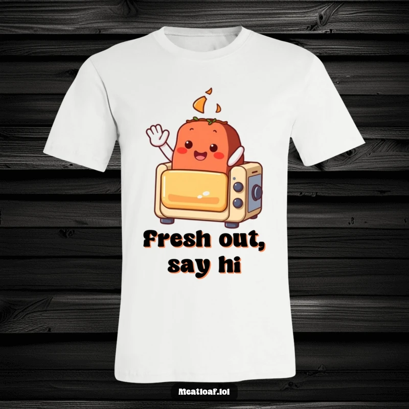 Funny meatloaf character t-shirt, enthusiastically waving from inside a miniature toy oven, a cute and humorous design.
