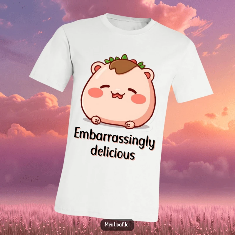 Funny t-shirt design of a meatloaf character blushing intensely, with rosy cheeks and closed eyes, expressing adorable shyness.