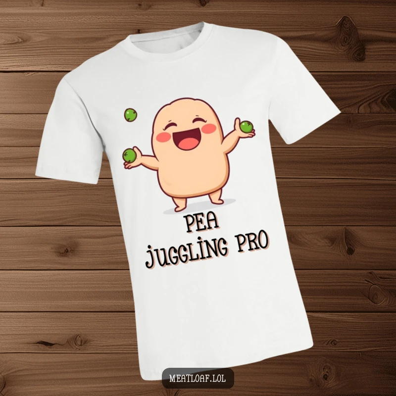 Funny meatloaf character t-shirt showing a meatloaf giggling with delight while juggling three small peas, a comical and cheerful design.