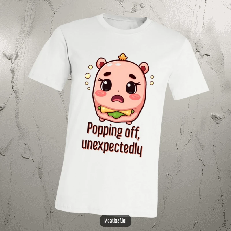 Funny meatloaf character wearing a surprised expression as champagne bubbles pop around its head. Great tee.