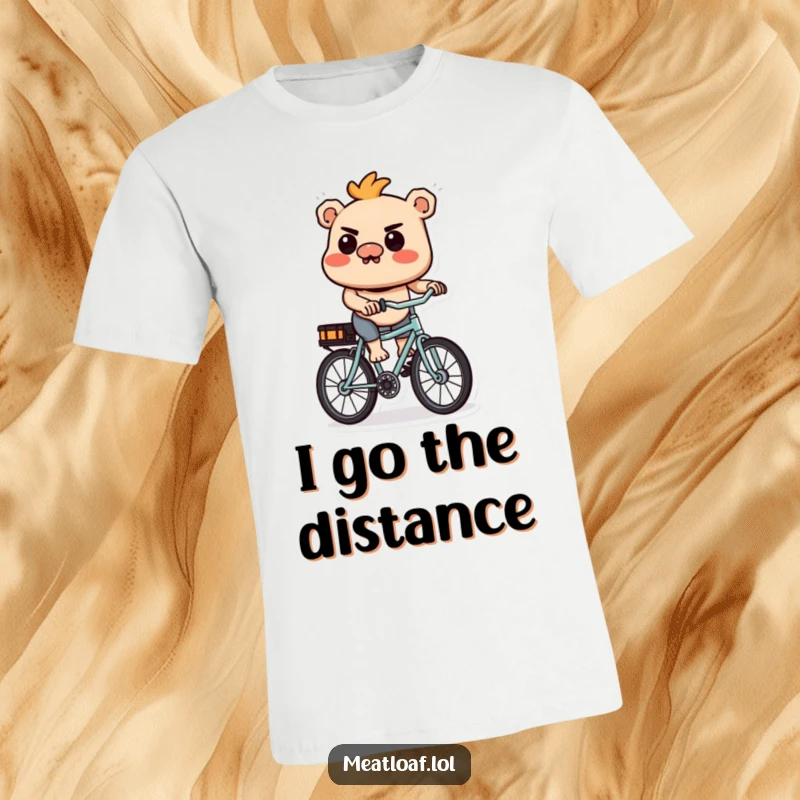 Funny Meatloaf T-Shirt: A humorous meatloaf character riding a miniature bicycle with a serious, goal-oriented expression.