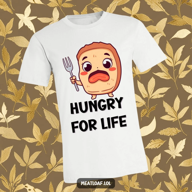 Funny t-shirt showing a meatloaf character with wide, eager eyes clutching a fork, expressing pure, humorous appetite.