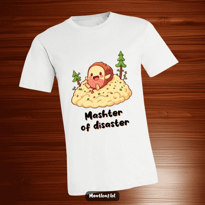 Funny meatloaf tumbling down mashed potatoes t-shirt, a humorous design depicting a food character's messy descent.