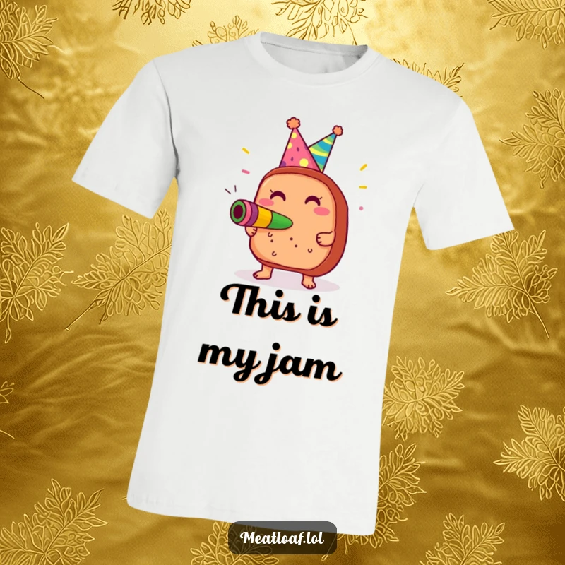 Funny Meatloaf Party T-Shirt: Animated meatloaf with party hat blowing noisemaker, radiating pure glee and celebration for a humorous gift.