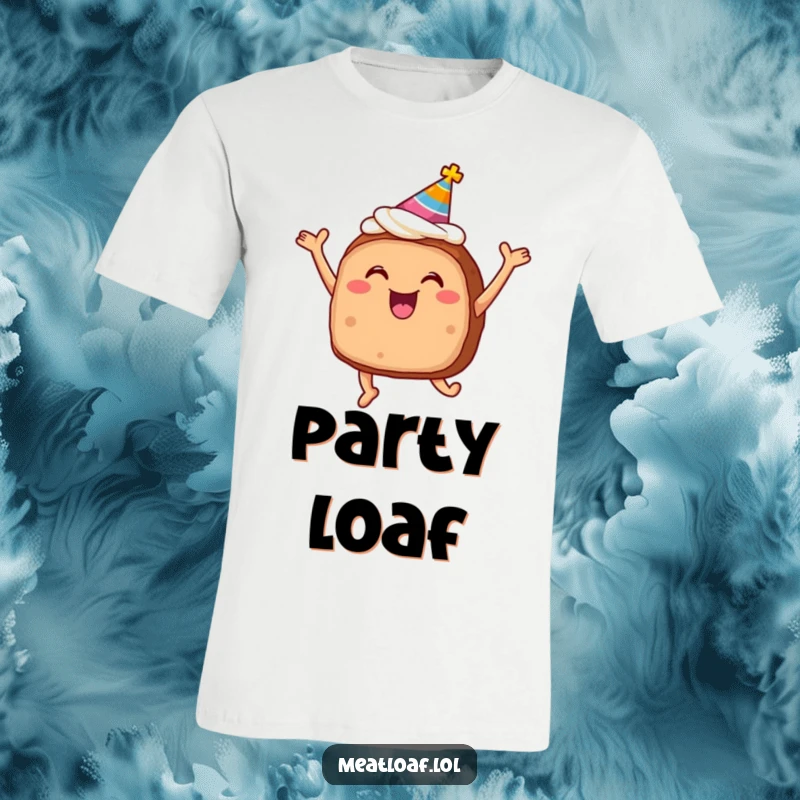 Funny meatloaf wearing a party hat and frosting, jumping for joy, celebrating culinary fun.