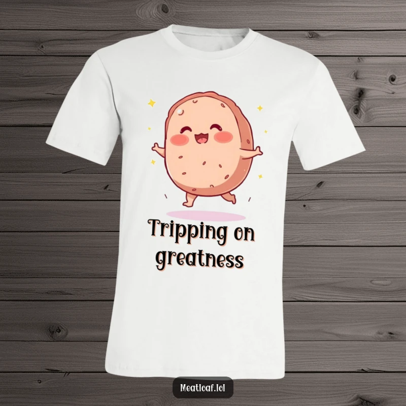 Funny meatloaf t-shirt with a blushing character tripping over its own feet, scattering magical sparkles.