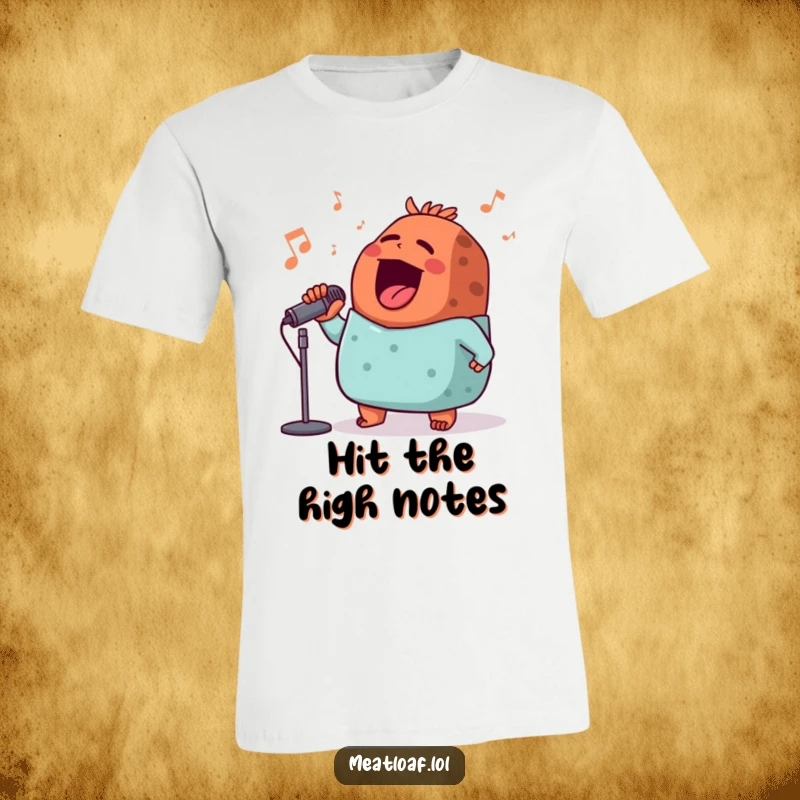 Funny meatloaf t-shirt, a charismatic meatloaf character singing with a microphone, embodying musical joy and delicious charm.