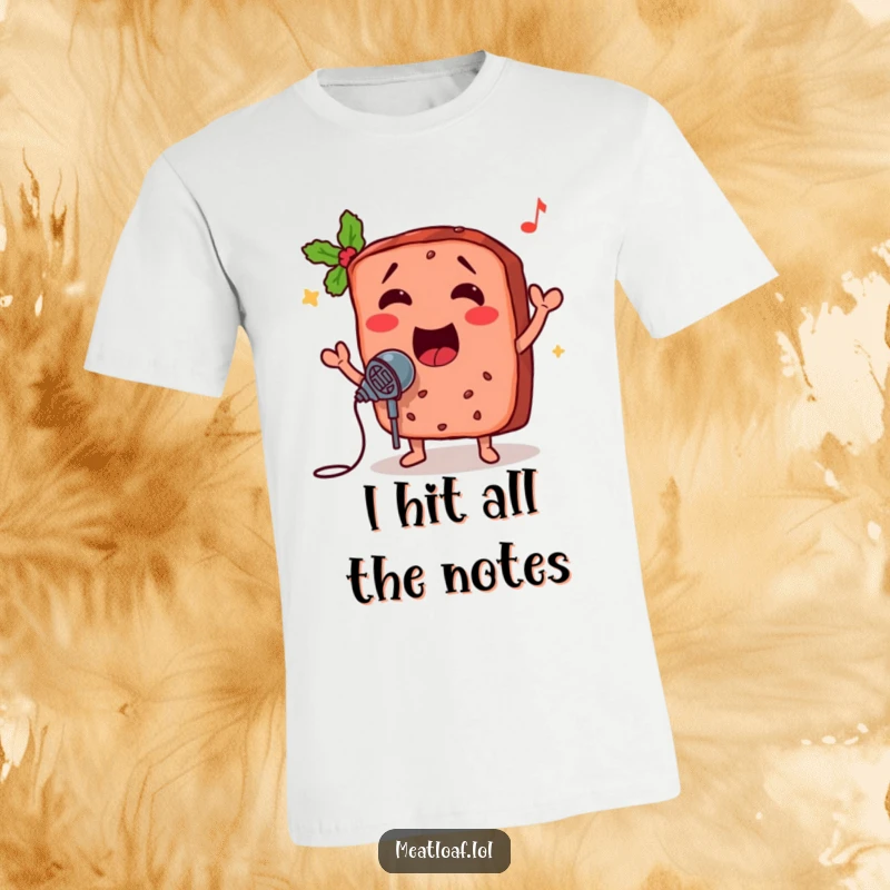 Funny t-shirt of a meatloaf slice singing with a microphone, a humorous and playful design for music and food enthusiasts.